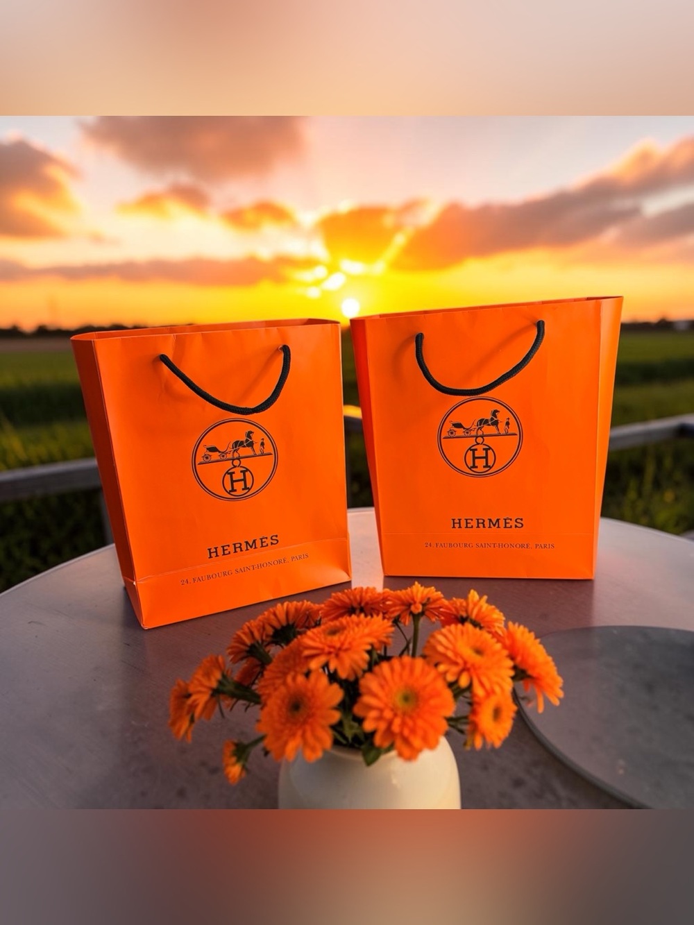 2 Hermes Paris Authentic Gift Shopping Bags EMPTY Orange Black Cord Handles